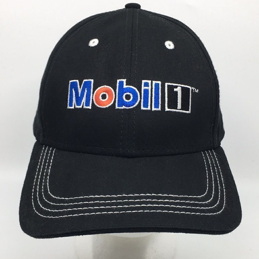 Mobil 1 Motor Oil Black Baseball Cap Hat with hook and loop adjustable backstrap